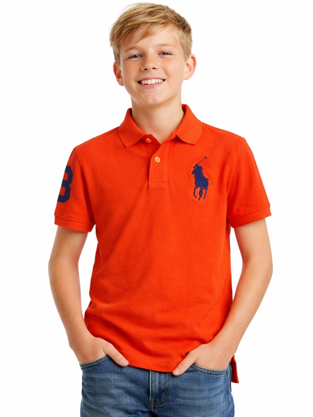Ralph Lauren Boys Bright Orange Polo with Navy Embroidered Pony 100% Cotton